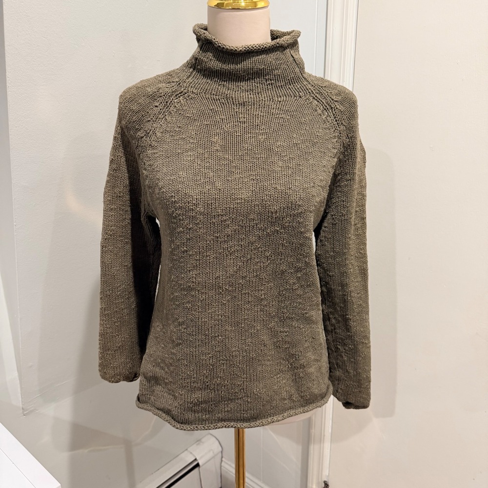 L.L.Bean Olive/Earthy Brown Cotton Slub Knit Rolled Neck Sweater | Size M Petite